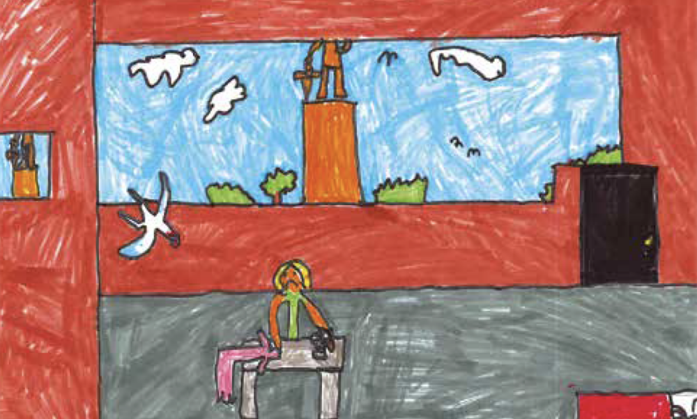 Drawing shows interior scene with a woman working at a table, a figure in bed, and a bird flying in through a large, horizontal window. Outside the window, a golden statue is seen on a plinth. The walls are fire-engine red.