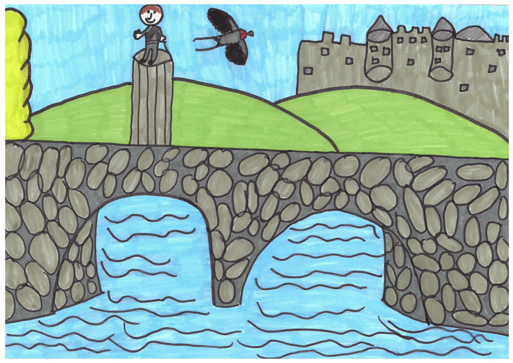 Drawing shows a large, stone bridge spanning a flowing river. A figure on a plinth, a swallow in flight, two green hills, and a grey castle are seen in the background.